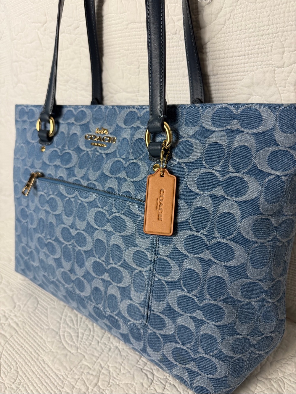Coach Blue Signature Denim Tote with Leather Trim - Picture 4 of 8